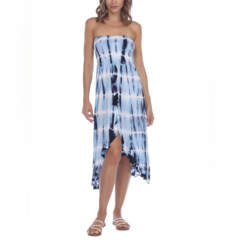 Tie-Dye Smocked Maxi Dress in Light Blue and Navy